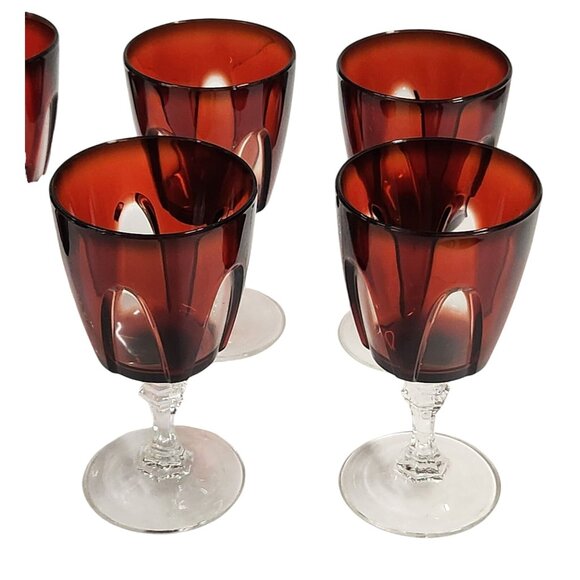 Cristal DArques-Durand Gothic Ruby Red Wine Glasses Cut Clear Stem Lot Of 6 - Picture 3 of 13